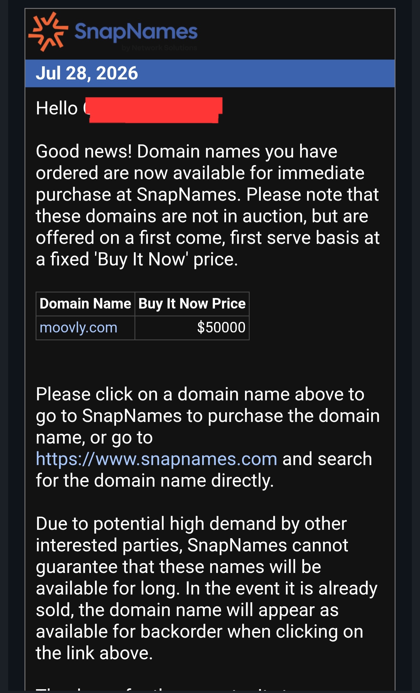 SnapNames notification showing moovly.com offered at a $50,000 buy-it-now price